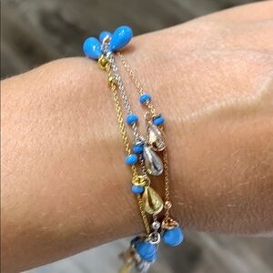 Silver or Gold or Rose Gold with Blue Pear ahape Bead Bracelet 8” inches